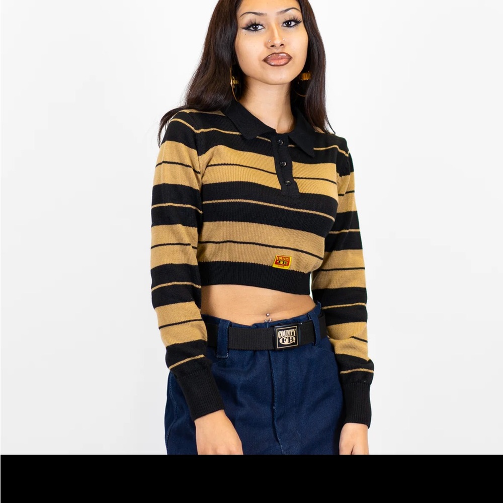 Striped Black and Tan Cropped Polo Top Charlie Brown